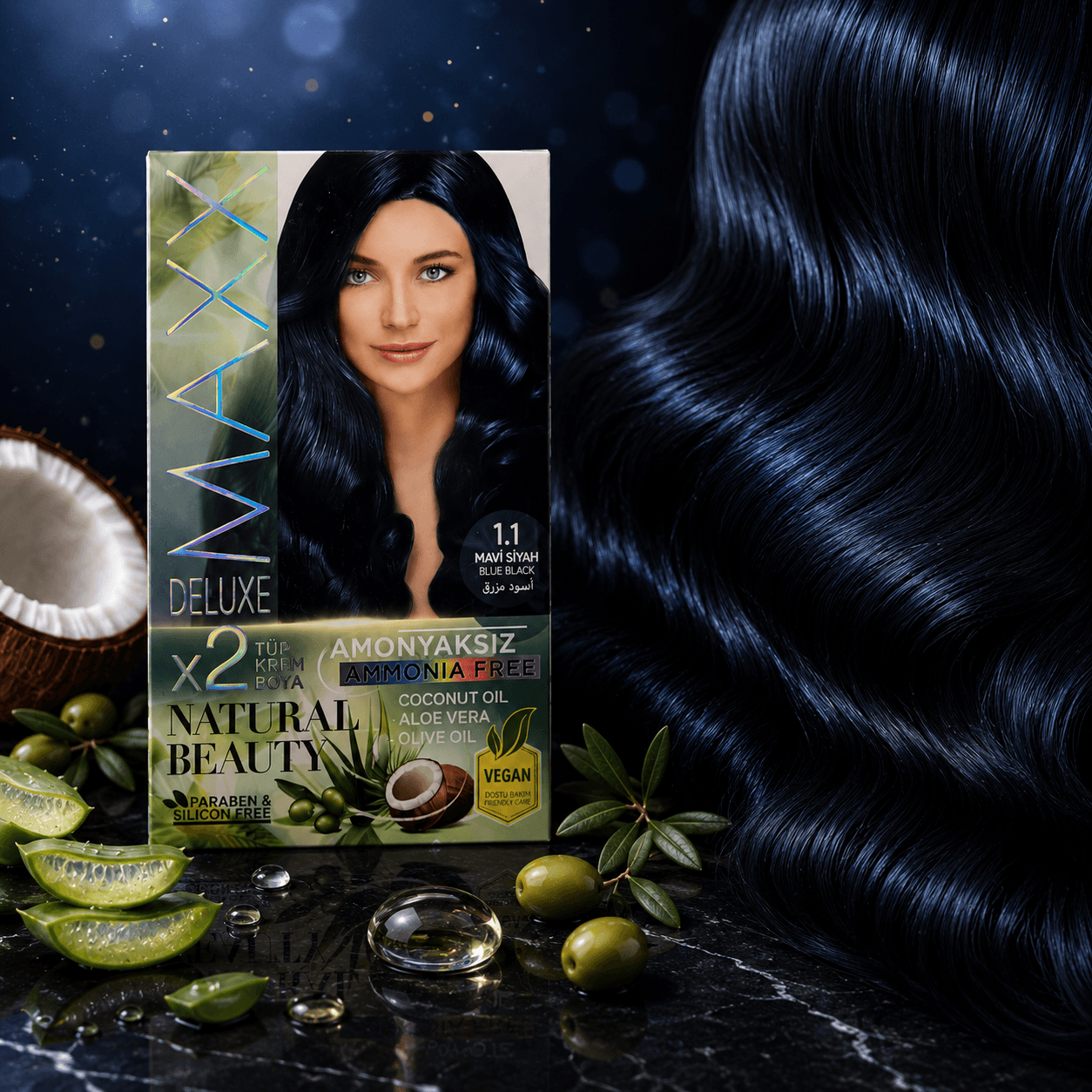 Maxx Deluxe — стойкая крем-краска для волос, 1.1 «Иссиня Черный», 390 мл