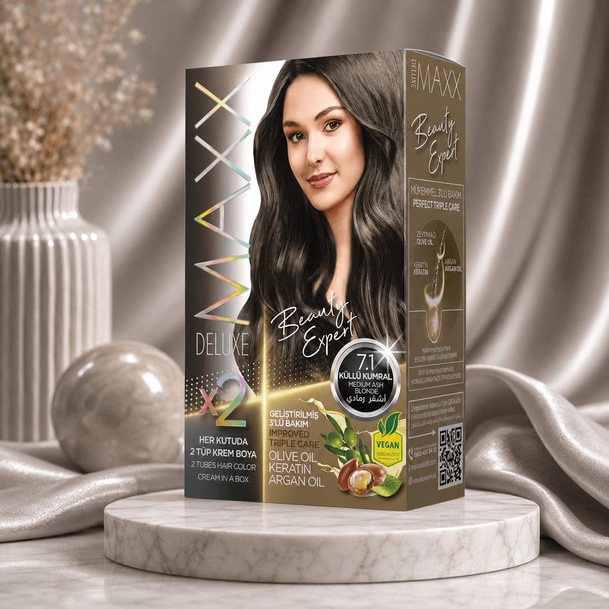 Maxx Deluxe — стойкая крем-краска для волос, 7.1 «Пепельно-Русый», 390 мл