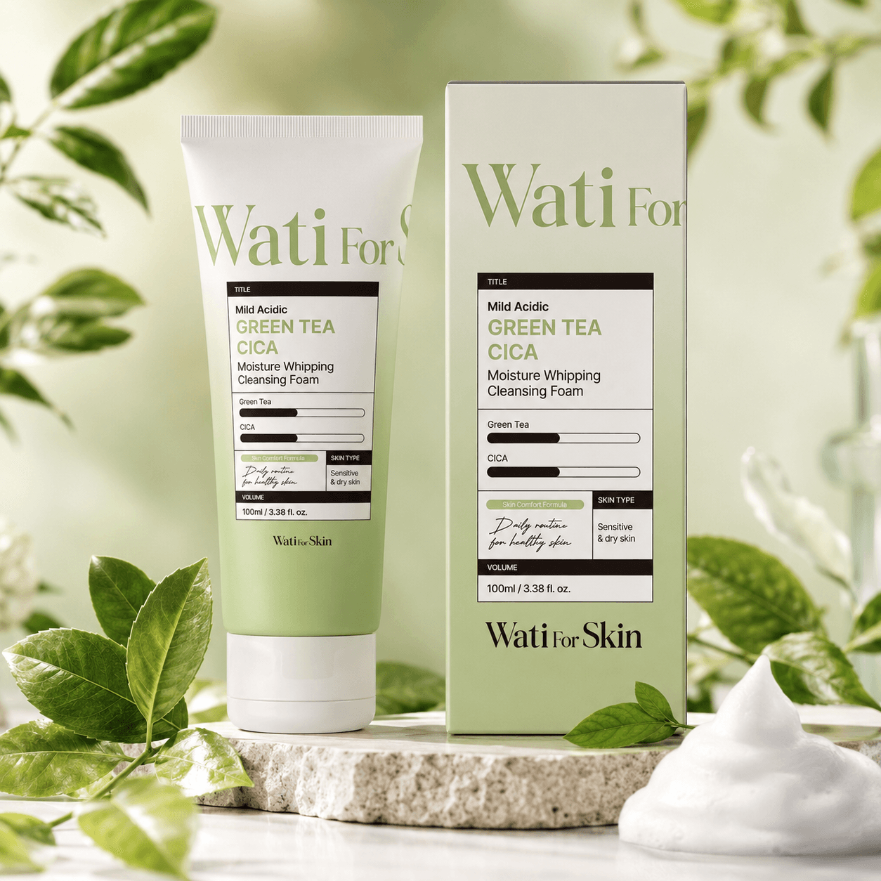 Wati For Skin Mild Acidic Green Tea Cica Moisture Whipping Cleansing Foam — пенка для умывания